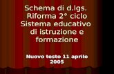 Schema di d.lgs. Riforma 2° ciclo Sistema educativo di istruzione e formazione Nuovo testo 11 aprile 2005.