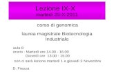 Lezione IX-X martedì 25-X-2011 corso di genomica laurea magistrale Biotecnologia Industriale aula 8 orario : Martedì ore 14.00 - 16.00 Giovedì ore 13.00.