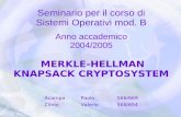 Seminario per il corso di Sistemi Operativi mod. B Anno accademico 2004/2005 MERKLE-HELLMAN KNAPSACK CRYPTOSYSTEM AcampaPaolo566/669 CilmoValerio566/654.