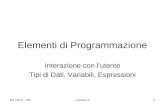 EP 10/11 - PBLezione 21 Elementi di Programmazione Interazione con lutente Tipi di Dati, Variabili, Espressioni.