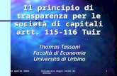 23 aprile 2004Università degli Studi di Urbino1 Il principio di trasparenza per le società di capitali artt. 115-116 Tuir Thomas Tassani Facoltà di Economia.