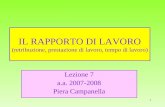 1 IL RAPPORTO DI LAVORO (retribuzione, prestazione di lavoro, tempo di lavoro) Lezione 7 a.a. 2007-2008 Piera Campanella.