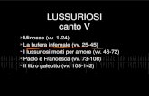 LUSSURIOSI canto V Minosse (vv. 1-24) La bufera infernale (vv. 25-45) I lussuriosi morti per amore (vv. 46-72) Paolo e Francesca (vv. 73-108) Il libro.