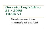 1 Movimentazione manuale di carichi Decreto Legislativo 81 / 2008 Titolo VI.