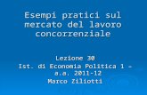 Esempi pratici sul mercato del lavoro concorrenziale Lezione 30 Ist. di Economia Politica 1 –a.a. 2011-12 Marco Ziliotti.