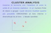 CLUSTER ANALYSIS Insieme di tecniche con lobiettivo di unire le unità di un insieme statistico in un numero finito di classi o gruppi i quali devono risultare.