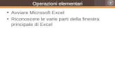 Operazioni elementari Avviare Microsoft Excel Riconoscere le varie parti della finestra principale di Excel.