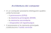 Architettura dei computer In un computer possiamo distinguere quattro unità funzionali: –il processore (CPU) –la memoria principale (RAM) –la memoria secondaria.