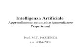 Intelligenza Artificiale Apprendimento automatico (generalizzare lesperienza) Prof. M.T. PAZIENZA a.a. 2004-2005.