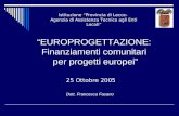 EUROPROGETTAZIONE: Finanziamenti comunitari per progetti europei Dott. Francesca Fasano Istituzione Provincia di Lecce- Agenzia di Assistenza Tecnica agli.