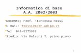 1 Informatica di base A.A. 2002/2003 Docente: Prof. Francesca Rossi E-mail: frossi@math.unipd.itfrossi@math.unipd.it Tel: 049-8275982 Studio: Via Belzoni.
