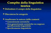Compito della linguistica teorica Delimitare il campo della linguistica Delimitare il campo della linguistica Discuterne le categorie Discuterne le categorie.
