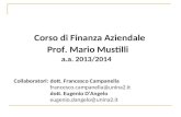 Corso di Finanza Aziendale a.a. 2013/2014 Prof. Mario Mustilli Collaboratori: dott. Francesco Campanella francesco.campanella@unina2.it dott. Eugenio DAngelo.