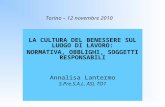 Torino – 12 novembre 2010 LA CULTURA DEL BENESSERE SUL LUOGO DI LAVORO: NORMATIVA, OBBLIGHI, SOGGETTI RESPONSABILI Annalisa Lantermo S.Pre.S.A.L. ASL TO1.