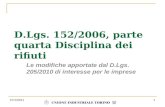 27/1/20111 D.Lgs. 152/2006, parte quarta Disciplina dei rifiuti Le modifiche apportate dal D.Lgs. 205/2010 di interesse per le imprese.