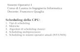 Scheduling della CPU: 1.Tipi di scheduling 2.Metriche 3.Algoritmi di scheduling classici 4.Scheduling multiprocessore 5.Scheduling in sistemi operativi.
