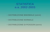 STATISTICA a.a. 2002-2003 –DISTRIBUZIONE BINOMIALE (cenni) –DISTRIBUZIONE NORMALE –DISTRIBUZIONE DI POISSON (cenni)