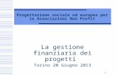 1 Progettazione sociale ed europea per le Associazioni Non Profit La gestione finanziaria dei progetti Torino 20 Giugno 2013.