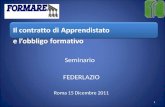 Il contratto di Apprendistato e lobbligo formativo Seminario FEDERLAZIO Roma 15 Dicembre 2011 1.