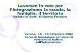 Lavorare in rete per lintegrazione: la scuola, la famiglia, il territorio Relatore dott. Gilberto Ferraro Verona, 16 – 23 novembre 2004 Corso di formazione.