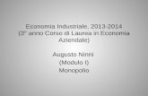 Economia Industriale, 2013-2014 (3° anno Corso di Laurea in Economia Aziendale) Augusto Ninni (Modulo I) Monopolio 1.