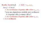 Radix-Sort(A,d) // A[i] = c d...c 2 c 1 for j = 1 to d // A è ordinato rispetto alle cifre c j-1...c 1 usa un algoritmo stabile per ordinare A rispetto.
