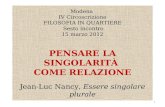 Modena IV Circoscrizione FILOSOFIA IN QUARTIERE Sesto incontro 15 marzo 2012 PENSARE LA SINGOLARITÀ COME RELAZIONE Jean-Luc Nancy, Essere singolare plurale.
