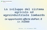 Milano, 24 settembre 2002 Lo sviluppo del sistema agricolo ed agroindustriale lombardo Le opportunità offerte dallart. 8 l.r. 7/2000.