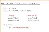 VARIABILI E COSTANTI LOGICHE LOGICAL :: var LOGICAL, PARAMETER :: cost=… valide cost=.TRUE. cost=.FALSE. non valide cost=TRUE cost=.FALSE In generale var.
