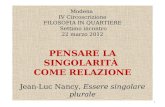 Modena IV Circoscrizione FILOSOFIA IN QUARTIERE Settimo incontro 22 marzo 2012 PENSARE LA SINGOLARITÀ COME RELAZIONE Jean-Luc Nancy, Essere singolare plurale.