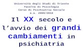 Il XX secolo e lavvio dei grandi cambiamenti in psichiatria Università degli Studi di Trieste Facoltà di Psicologia Corso di Psichiatria Sociale a.a. 2009/2010.