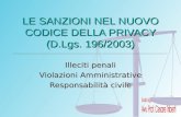 LE SANZIONI NEL NUOVO CODICE DELLA PRIVACY (D.Lgs. 196/2003) Illeciti penali Violazioni Amministrative Responsabilità civile.