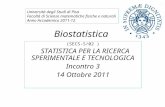 Biostatistica (SECS-S/02 ) STATISTICA PER LA RICERCA SPERIMENTALE E TECNOLOGICA Incontro 3 14 Ottobre 2011 Università degli Studi di Pisa Facoltà di Scienze.
