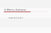 Il Menu Italiano Liste B,C,D,E,F. L’antipasto (il piatto PRIMO del primo)  l’antipasto misto  i crostini  il prosciutto e melone  i salumi.
