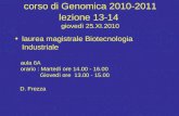 Corso di Genomica 2010-2011 lezione 13-14 giovedì 25.XI.2010 laurea magistrale Biotecnologia Industriale aula 6A orario : Martedì ore 14.00 - 16.00 Giovedì.