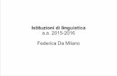 Istituzioni di linguistica a.a. 2015-2016 Federica Da Milano · L'acquisizione del linguaggio Studio dell'acquisizione del linguaggio come fonte di informazioni sulla natura stessa