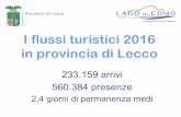 I flussi turistici 2016 in provincia di Lecco · (+9,25% rispetto al 2014) e dei valori assoluti degli ultimi anni, ... arrivi presenze I flussi turistici 2016 in provincia di Lecco