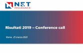 Risultati 2019 Conference call - Net Insurance · Repricing mediante introduzione di livelli di tariffazione diversi e nuovi criteri assuntivi in fase di selezione del rischio (es.